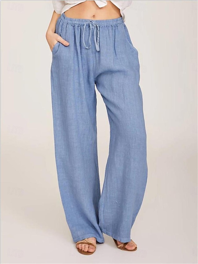  Mulheres Pijamas Loungewear Partes de baixo Cor imaculada Conforto Casa Linho Respirável Calça comprida Bolsos Cintura elástica Verão Preto Branco