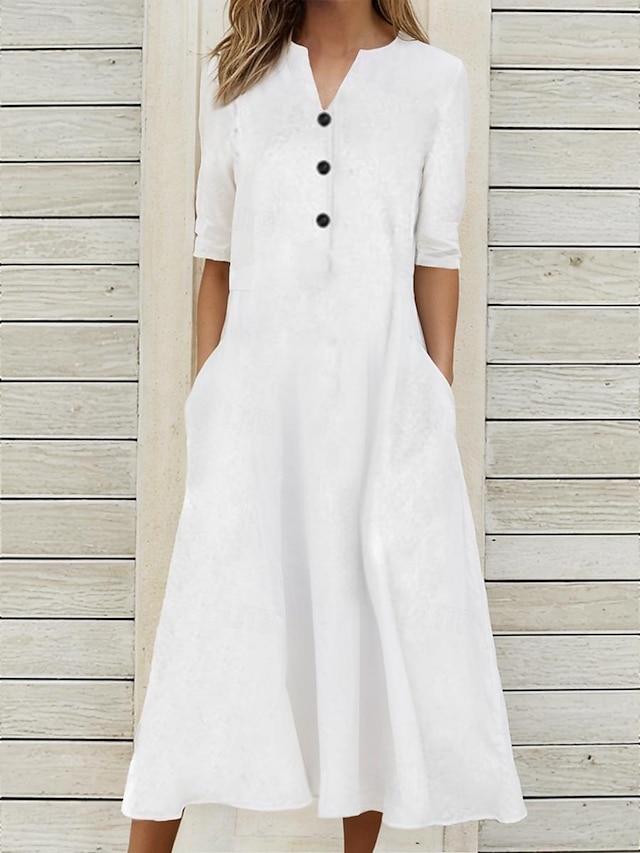  Damen Weißes Kleid Leinenkleid Weißes Baumwollkleid Maxidress Taste Tasche Brautkleider schlicht Täglich Gespaltener Hals Halbe Ärmel Sommer Frühling Schwarz Weiß Glatt