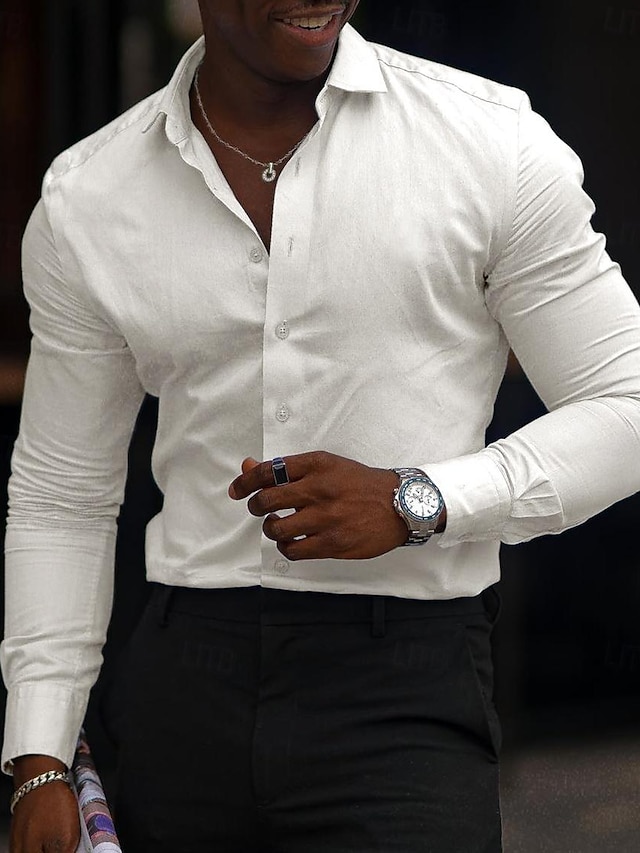  Men's Dress Shirt Regular Fit Long Sleeve Lapel Solid Color Cotton Blend Black White Blue 2023