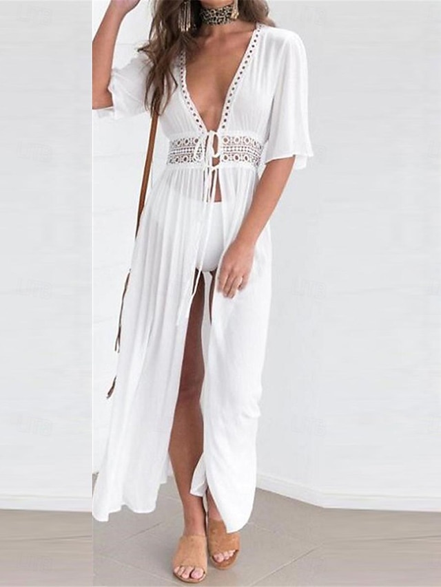  Damen Weißes Kleid Maxidress mit Schnürung Ausgehöhlt Urlaub Strand Strassenmode A-Linie V Ausschnitt Halbe Ärmel Schwarz Weiß Blau Farbe