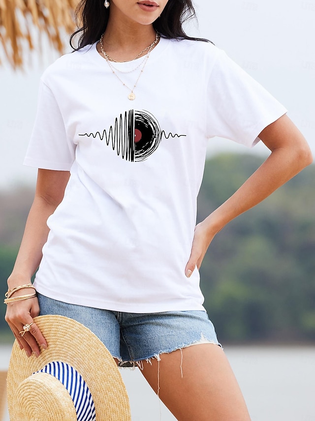  Dames T-shirt 100% katoen Geometrisch Feest Dagelijks Wit Korte mouw Stijlvol Strakke ronde hals Coachella Zomer