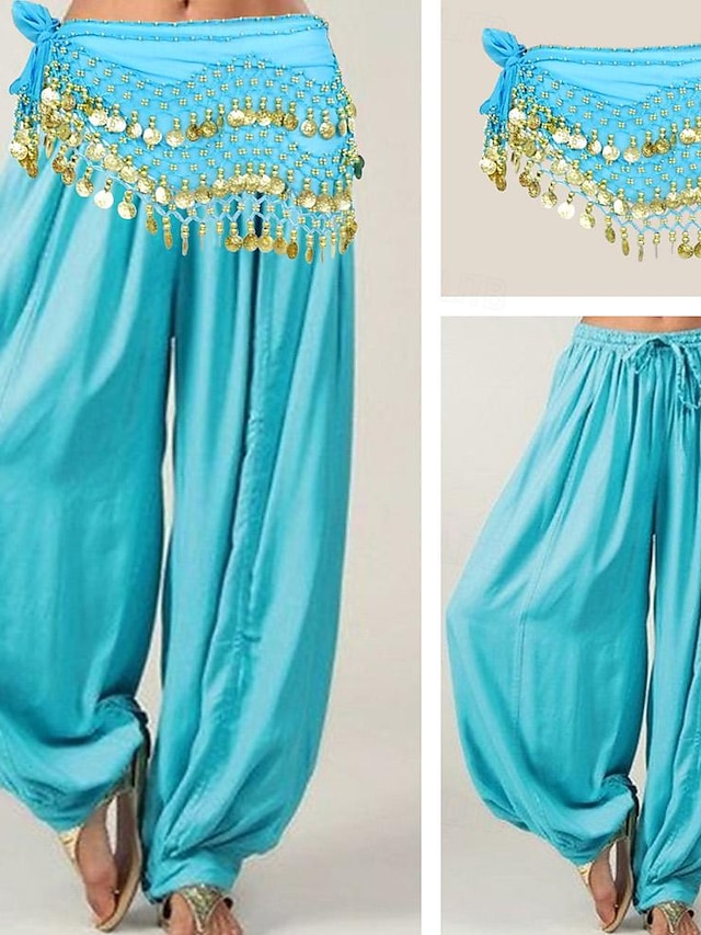  Women's Wide Leg Pants with Belly Dance Hip Scarf Coin Beading 2 PCS Mid Waist Full Length Baggy Pants Casual Summer Spring Fall Training Chiffon / Performance