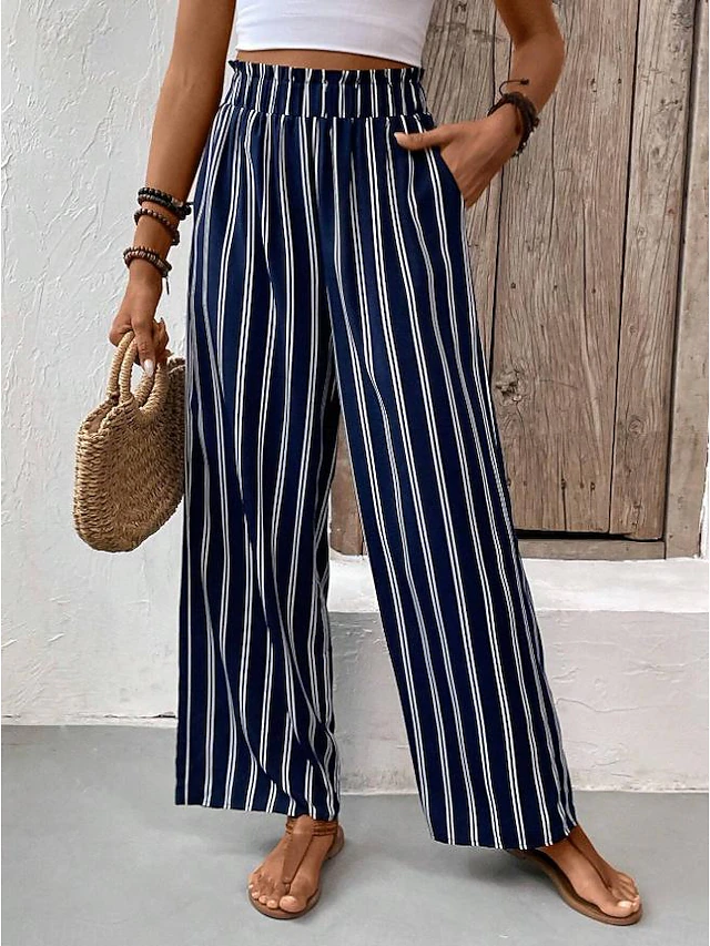 Women's Wide Leg Pants Trousers Casual Daily Long Striped Wide Leg Printing Breathability Comfortable Micro-elastic Office / Career Navy Blue Spring & Summer Regular Fit 7