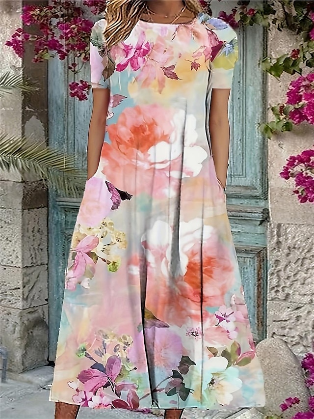  Women's Casual Dress Floral Print Crew Neck Midi Dress Stylish Daily Date Short Sleeve Summer