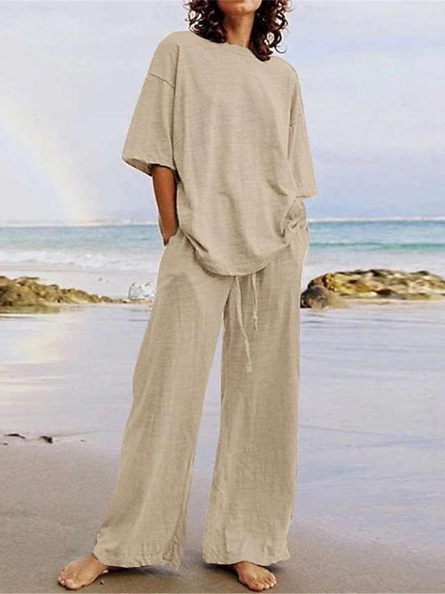 Women's Cotton Linen Sets Two Piece Sets Basic Pure Color Pocket Elastic Waist T Shirt Pant Street Daily Long Sleeve Crew Neck Black White Navy Blue Light Brown Blue Summer Spring 18