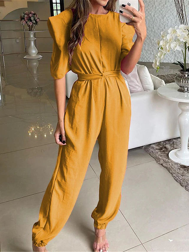 Women's Normal Jumpsuit Streetwear Solid Color Short Sleeve Crew Neck High Waist Street Daily Regular Fit Yellow Fuchsia Green Summer 6