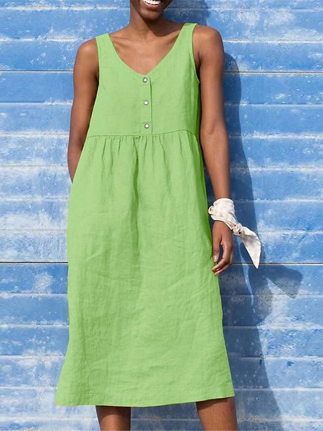  Damen Schwarz Gelb Hellgrün Sommer Frühling Midikleid Baumwoll-Leinen-Kleider Trägerkleid Baumwoll-Sommerkleid Lässig Urlaub Täglich Lässiger Schnitt Einfach V Ausschnitt