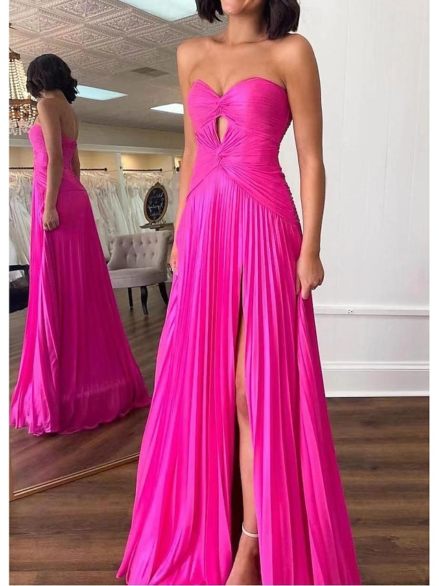  A-Line Prom Dresses Party Dress Prom Sweep / Brush Train Sleeveless Strapless Satin with Pleats Ruched Slit 2024