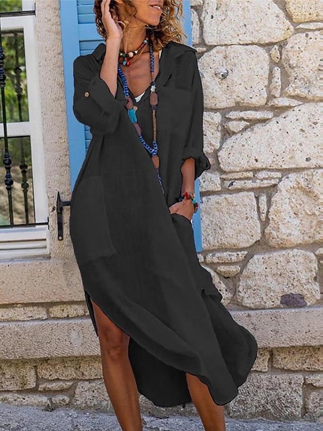  Women's Black White Pink Summer Spring Maxi Dress White Dress Cotton Linen Dresses Shirt Dress Casual Vacation Daily Loose Fit Plain V Neck
