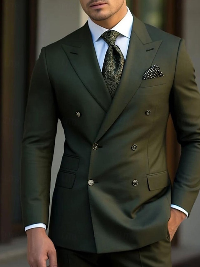  Dark Green Black Burgundy Men's Wedding Suits 2 Piece Plus Size Solid Colored Peak Lapel Slim Fit Double Breasted Six-buttons 2024