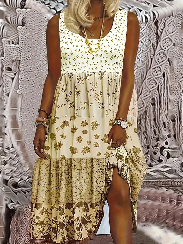  Vestido midi de cuello redondo con estampado gráfico para mujer, estilo bohemio, informal, para citas en casa, sin mangas, para verano