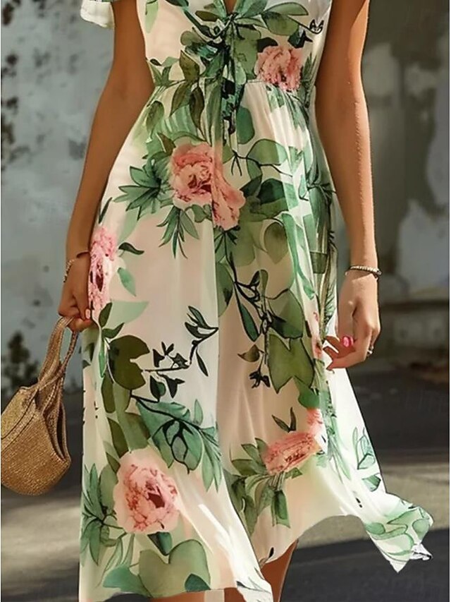 Summer Women Floral Dress High Waist A-line Midi Mesh Dresses