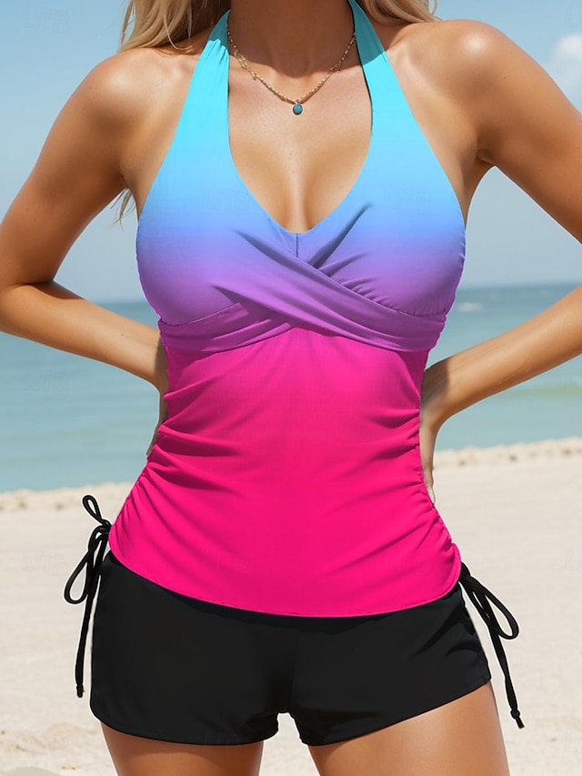  Women's Swimwear Tankini 2 Piece Swimsuit Ombre Gradient Color Vacation Bathing Suits