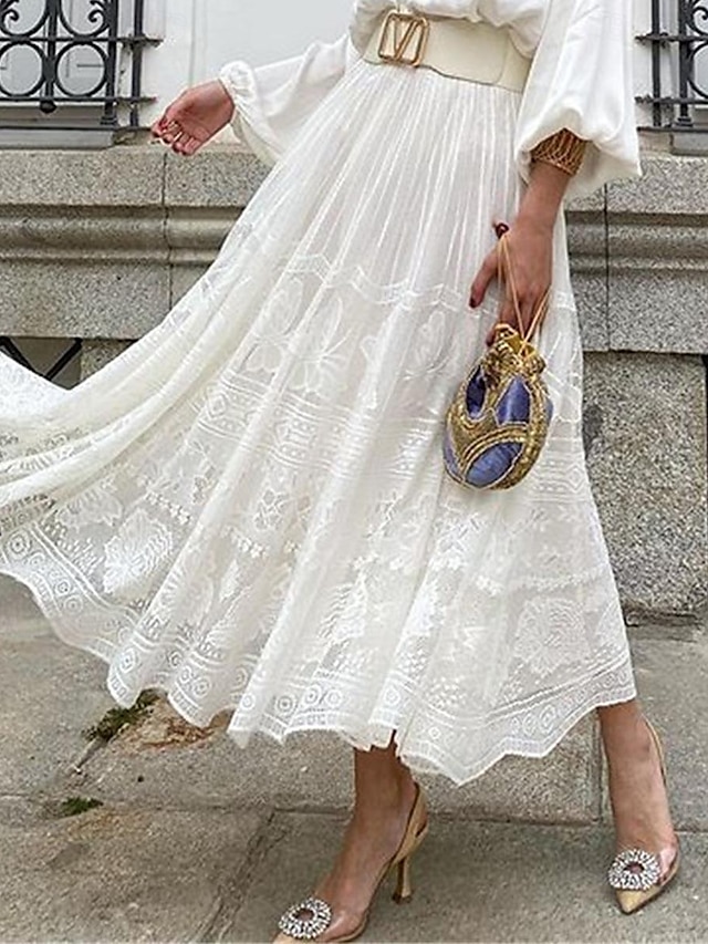  Mujer Falda Línea A Columpio Maxi Faldas Encaje Color sólido Casual Diario Fin de semana Verano Algodón Elegante Moda Blanco