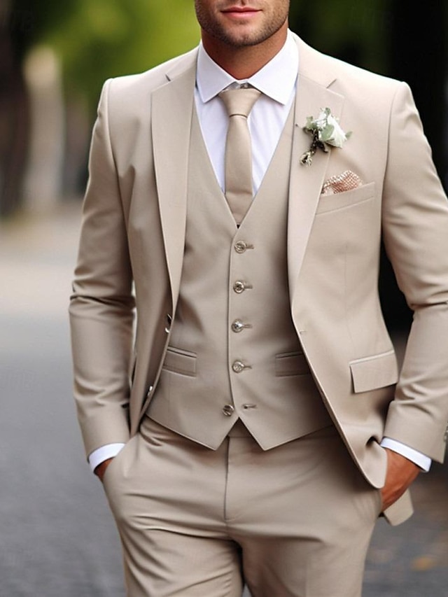  khaki színű férfi esküvői öltöny egyszínű 3 részes napi üzleti molett, egysoros kétgombos 2024