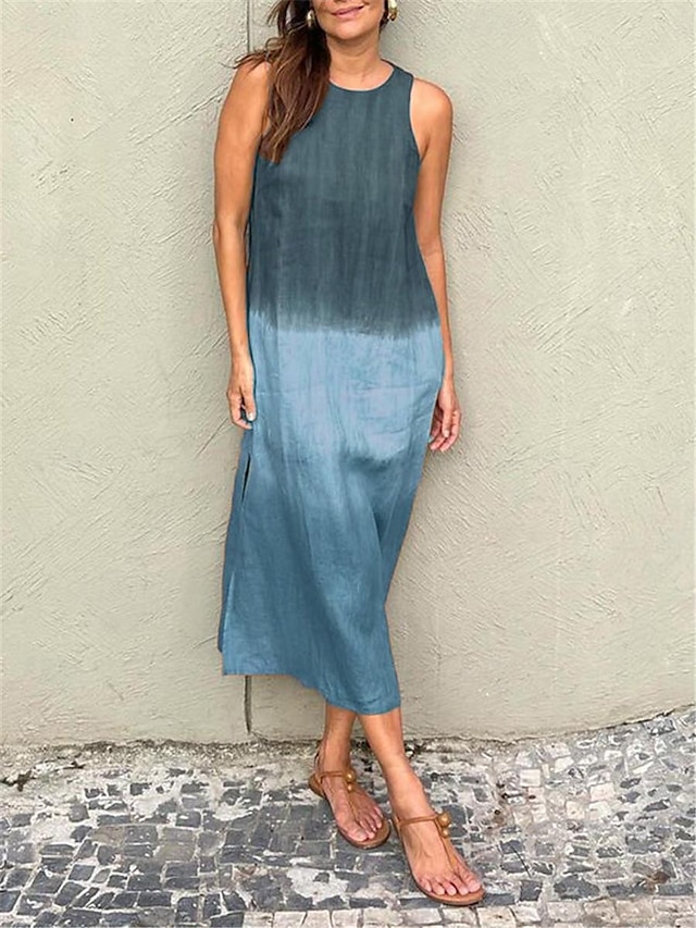  Γυναικεία Λινό Φόρεμα για τον ήλιο Ombre Στάμπα Στρογγυλή Ψηλή Λαιμόκοψη Μακρύ Φόρεμα Μάξι Φόρεμα Στυλάτο Καθημερινά Ημερομηνία Κοντομάνικο Καλοκαίρι