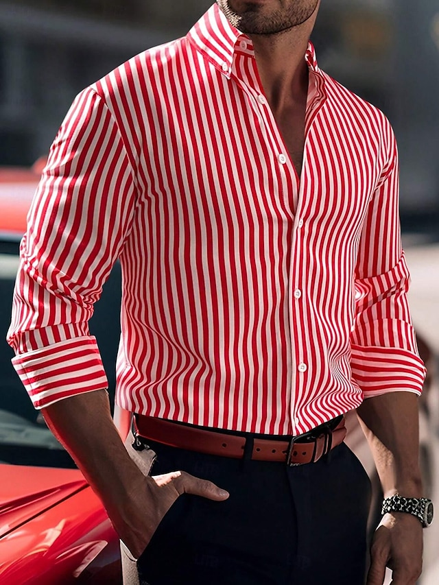  Men's Dress Shirt Regular Fit Long Sleeve Lapel Striped Cotton Blend Black Red Blue 2023