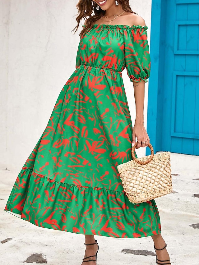  Femme Robe casual Robe d'été robe verte Feuille Dos Nu Taille elastique Epaules Dénudées Robe Maxi Elégant Bohême Soirée du quotidien Eté Printemps