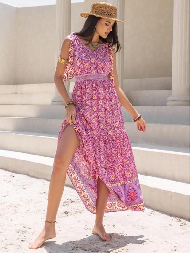  Γυναικεία Σιφόν Φόρεμα σε γραμμή Α Φλοράλ Συνδεμένο Λαιμόκοψη V Μακρύ φόρεμα Βίντατζ Μπόχο Διακοπές Αμάνικο Καλοκαίρι