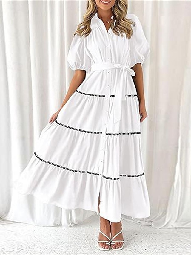  Mulheres Vestido branco Vestido Longo Cordões Botão Encontro Férias Roupa de rua Maxi Colarinho de Camisa Meia Manga Preto Branco Rosa Cor