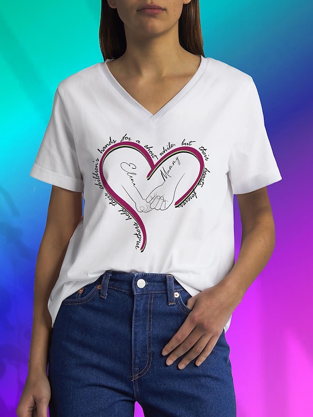  Camiseta para mujer, camiseta con letras en forma de corazón, diario, negro, blanco, manga corta, elegante, cuello redondo, cuello en V, verano, día de la madre