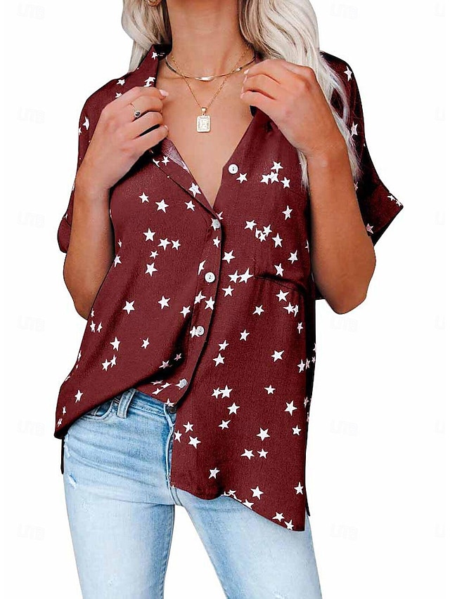  Dames Overhemd Blouse Ster nappi Afdrukken Dagelijks Vakantie Casual Korte mouw Overhemdkraag Blozend Roze Lente zomer