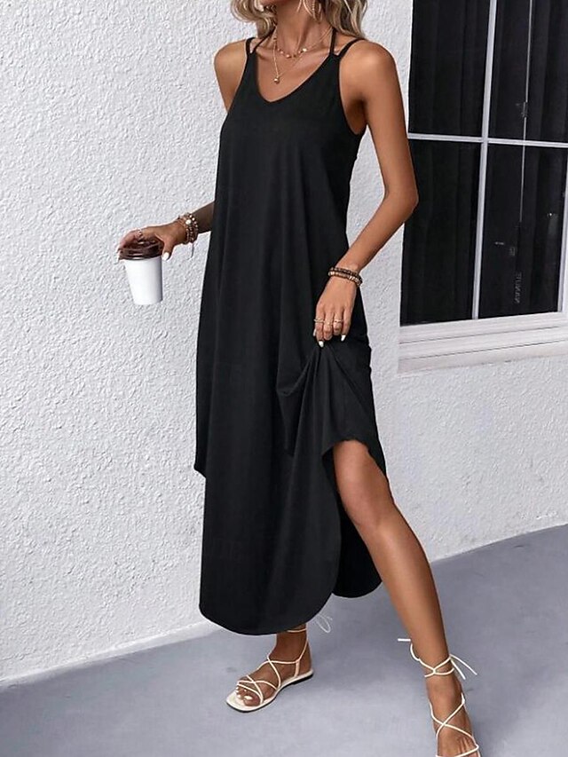  Women's Black Dress Maxi Dress Backless Split Vacation Streetwear Maxi Strap Sleeveless Black Wine Navy Blue Color