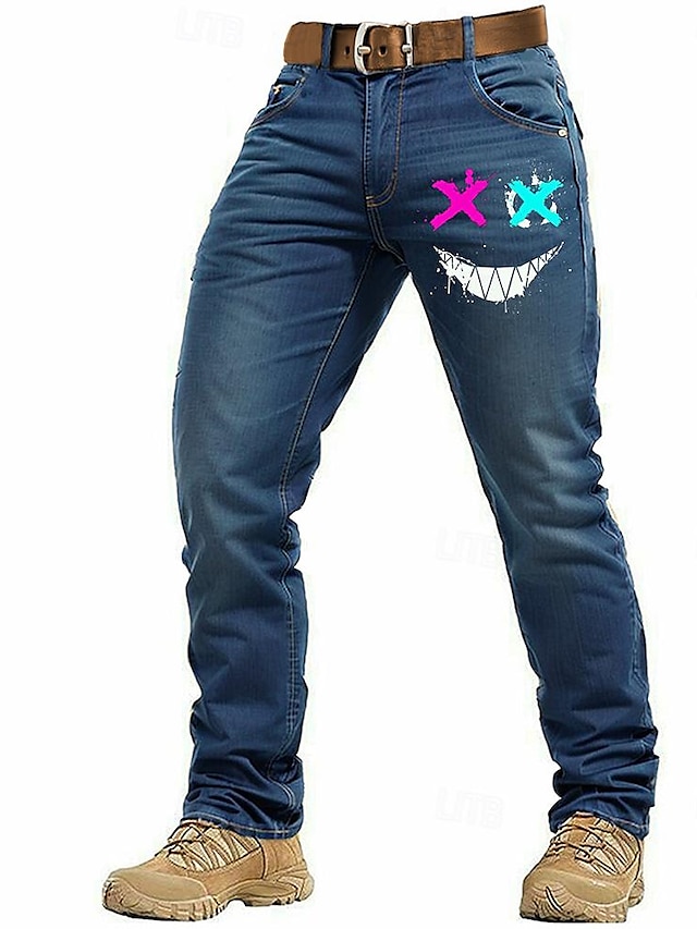  Jeans für Herren mit Smiley-Print, mittlere Taille, Skinny Fit, dehnbare Slim-Fit-Jeans, konisch zulaufendes Bein, modische Jeanshose