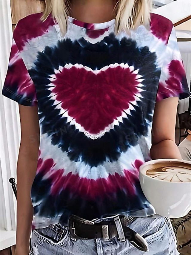  Naisten T-paita 100% puuvilla Ombre Sydän Rakkaus Päivittäin Tyylikäs Lyhythihainen Tiukka pyöreä kaula-aukko Viini Kesä