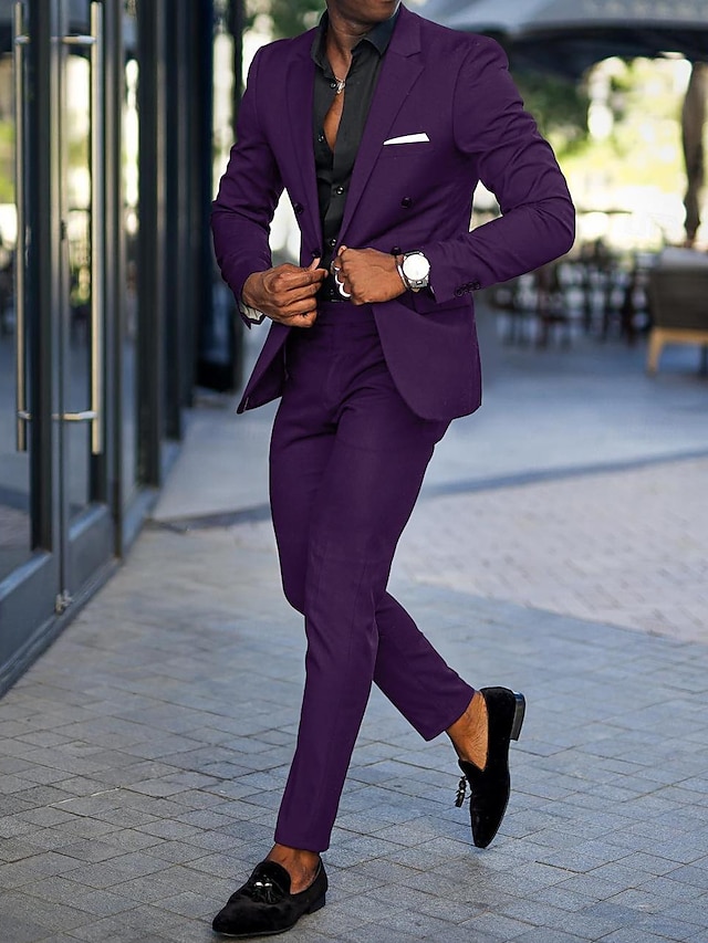  أسود عنابي أرجواني ملك الرجال زفاف بدلة لون سادة 2 قطعة مجموعة الأعمال التجارية رسمي ملابس عمل قالب مثالي صدر ثنائي ست أزرار 2024