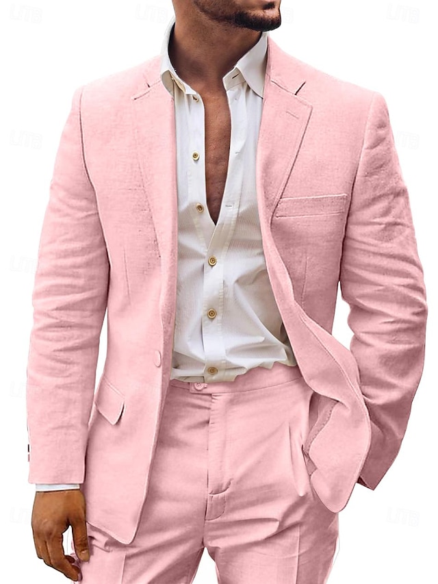  šampaňské růžové nebesky modré pánské svatební lněné obleky letní plážové svatební obleky 2dílné jednodílné jednořadé, jednořadé, dvouknoflíčky 2024