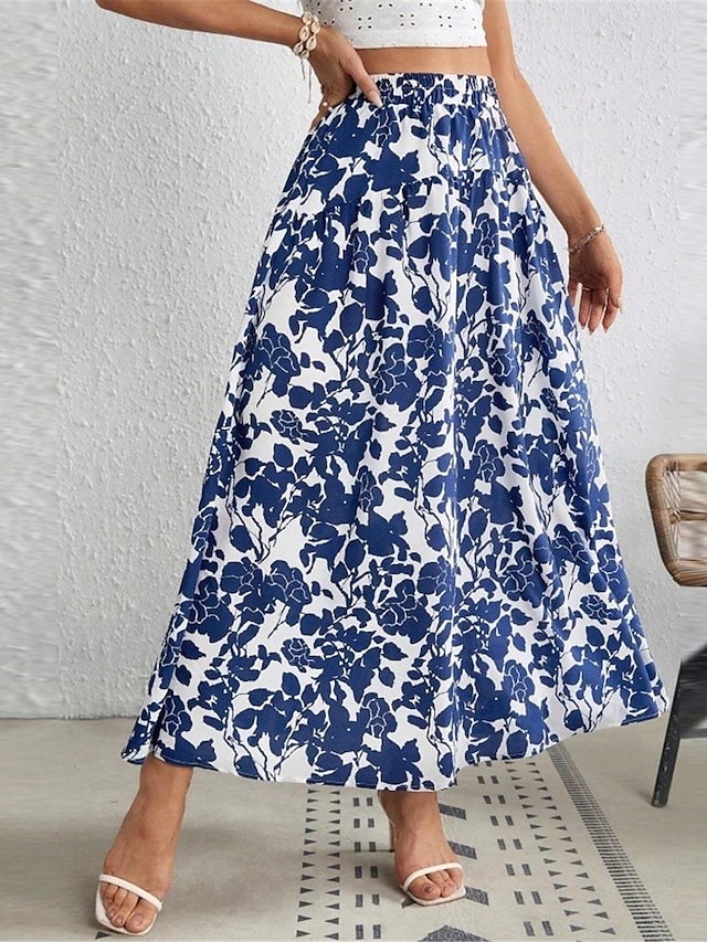  Women's Skirt A Line Swing Maxi Skirts Print Floral Holiday Vacation Summer Polyester Casual Boho Blue