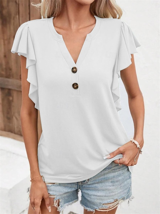  T shirt Tee Women's Black White Light Green Plain Ruffle Button Street Daily Basic Modern V Neck Regular Fit S