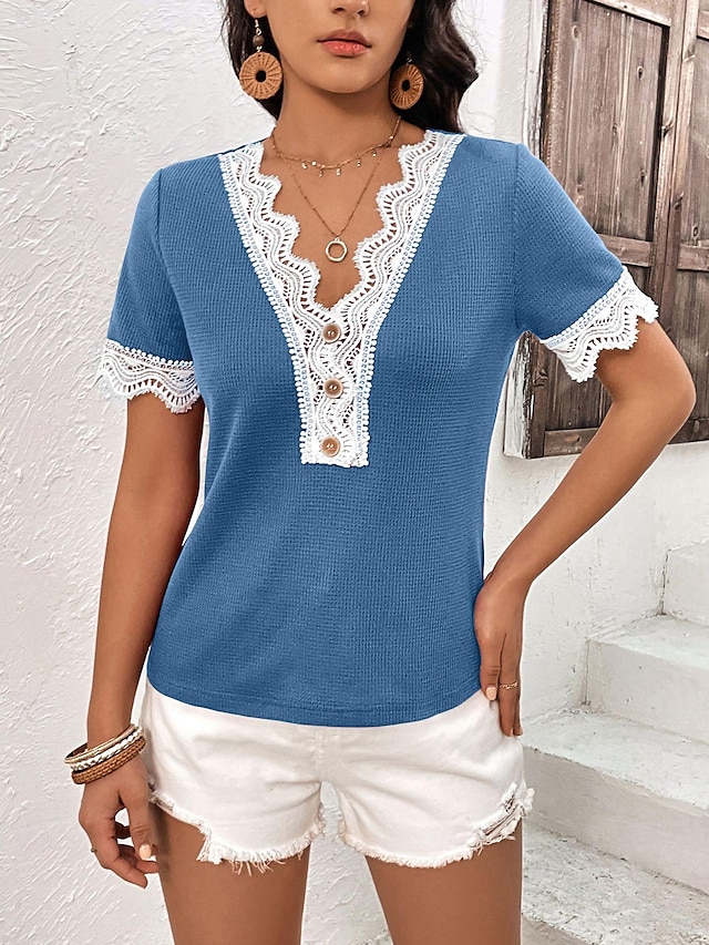  Camicia Camicia in pizzo Blusa Per donna Vino Blu Viola Liscio Pizzo Pulsante Strada Giornaliero Di tendenza A V Standard S