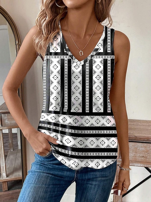  Women's Tank Top Vest Geometric Print Vacation Vintage Ethnic Boho Sleeveless V Neck Black Summer