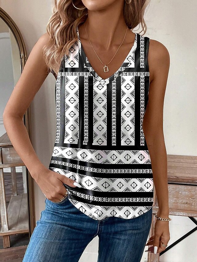 Women's Camisole Tank Top Vest Vintage Ethnic Boho Geometric Print Sleeveless Regular Tops V Neck Vacation Black Summer4