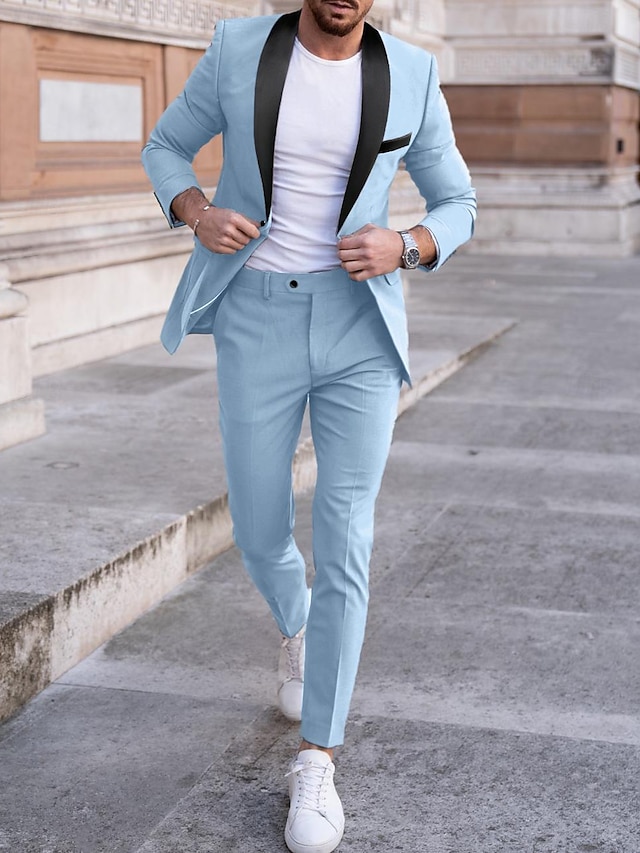  Sky Blue Purple Beige Men's Wedding Suits Solid Colored 2 Piece Fashion Daily Formal Tailored Fit Single Breasted One-button 2024