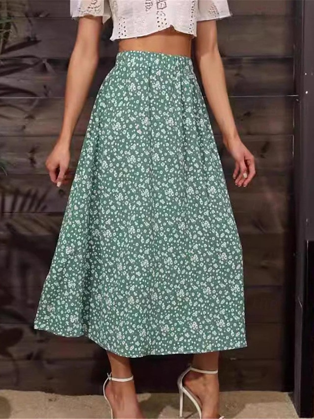  Women's Skirt A Line Maxi Skirts Print Floral Casual Daily Weekend Summer Polyester Fashion Casual Green