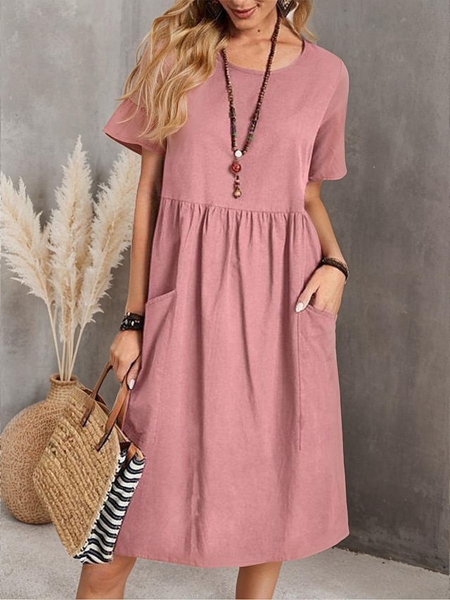  Women's Linen Dress Cotton Summer Dress Midi Dress Pocket Casual Daily Crew Neck Short Sleeve Summer Spring Pink Navy Blue Plain