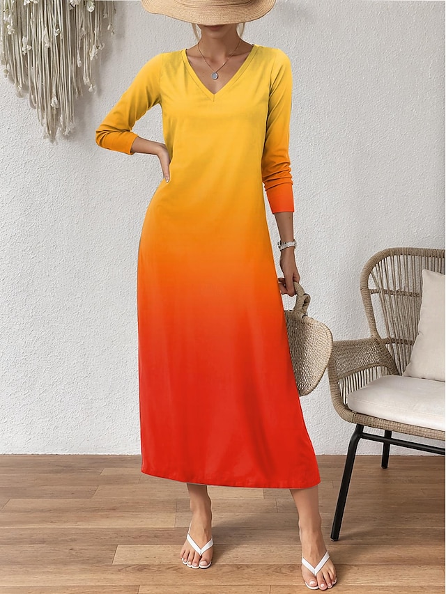  Women's Casual Dress Ombre Color Gradient Print V Neck Maxi Dress Tropical Vacation Short Sleeve Summer