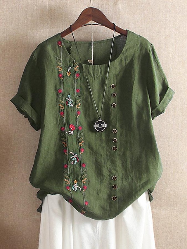  Women's Shirt Blouse Cotton Floral Embroidered Daily Vacation Casual Short Sleeve Crew Neck Green Summer