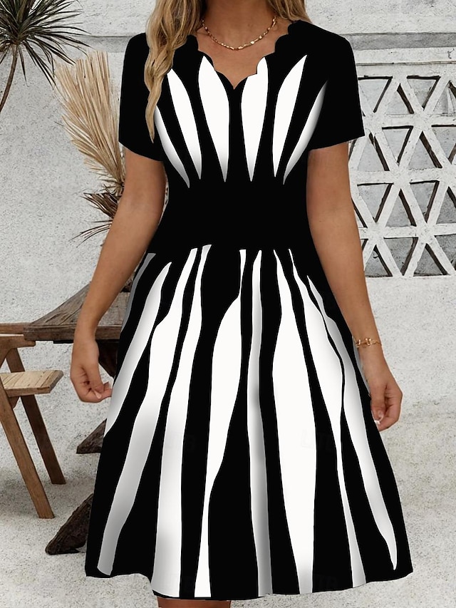  Women's Geometric Stripe Print V Neck Mini Dress Casual Party Short Sleeve Summer Spring