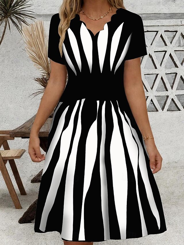 Women's Mini Dress Casual Dress Petite Dress Sundress A Line Dress Vintage Stylish Casual Vacation Home Party Loose Fit Geometric Stripe Short Sleeve Sweetheart Black And White Summer4