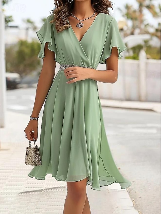  Women's Bridesmaid Dress Midi Dress Chiffon Split Thigh Wedding Party Date Elegant V Neck Short Sleeve Green Color