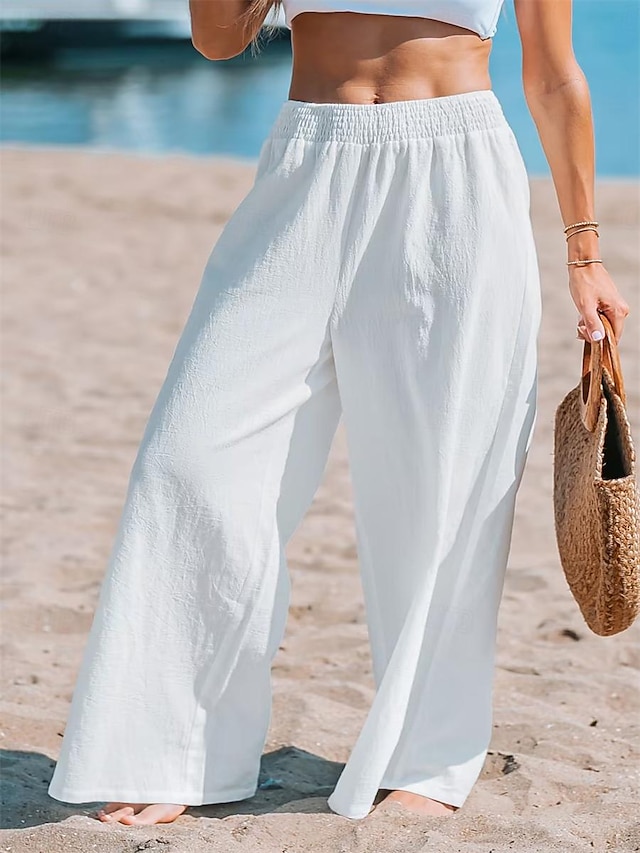  Women's Wide Leg Pants Trousers High Cut Plain High Waist Long White Summer