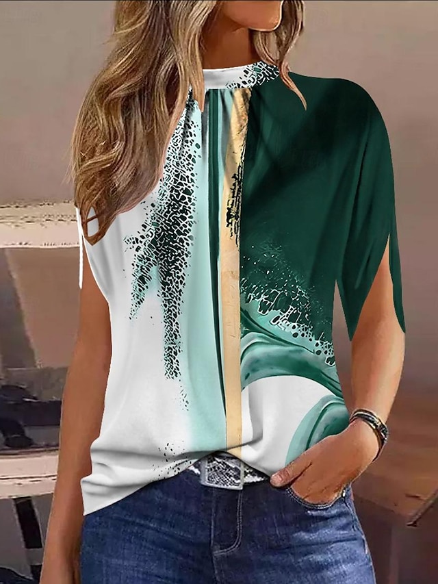  Damen Hemd Bluse Blumen Graphic Bedruckt Urlaub Brautkleider schlicht Kurzarm Rundhalsausschnitt Schwarz Sommer