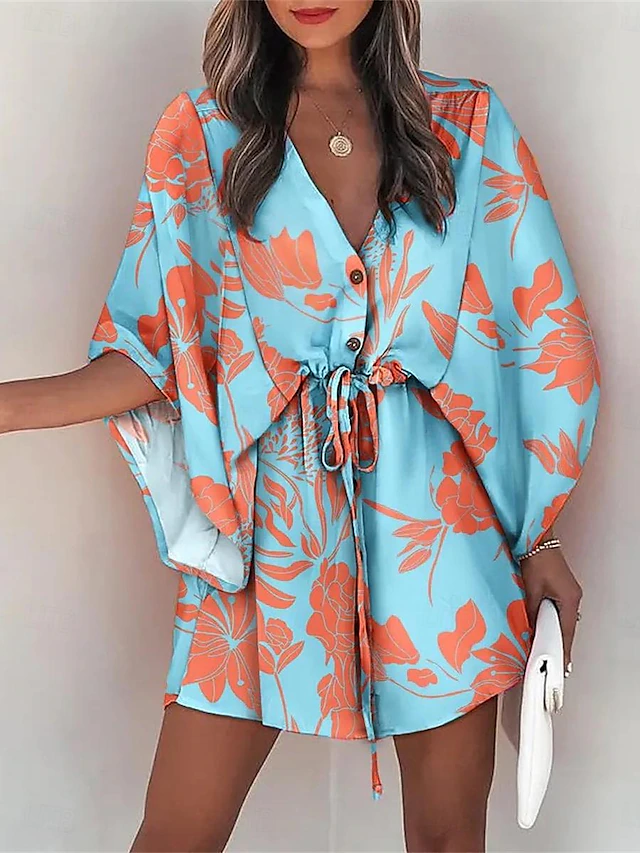 Women's Casual Dress Floral Leaf Button Drawstring V Neck Mini Dress Hawaiian Stylish Daily Vacation 3/4 Length Sleeve Summer 8