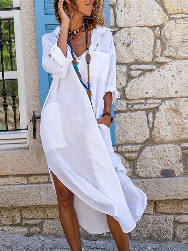 Women's Black White Pink Summer Spring Maxi Dress White Dress Cotton Linen Dresses Shirt Dress Casual Vacation Daily Loose Fit Plain V Neck 17