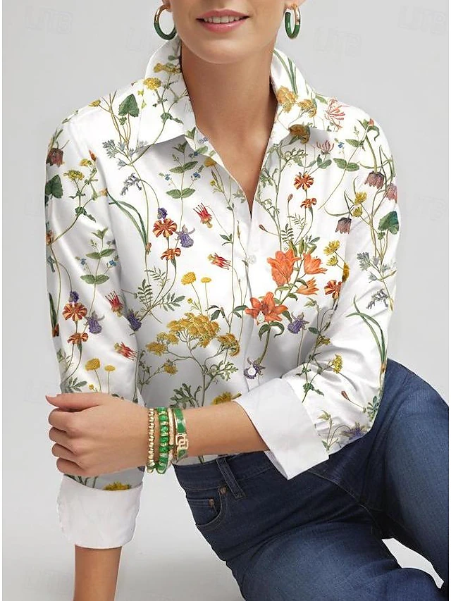 Women's Shirt Long Sleeve Button Down Blouse Fashion Streetwear Floral Buttons Print Regular Tops Shirt Collar Casual Holiday White Spring & Fall 7