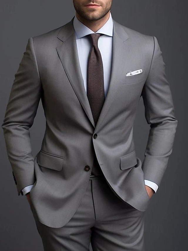  Trajes de boda grises para hombre, color liso, 2 piezas, diario, negocios, talla grande, botonadura sencilla, dos botones, 2024